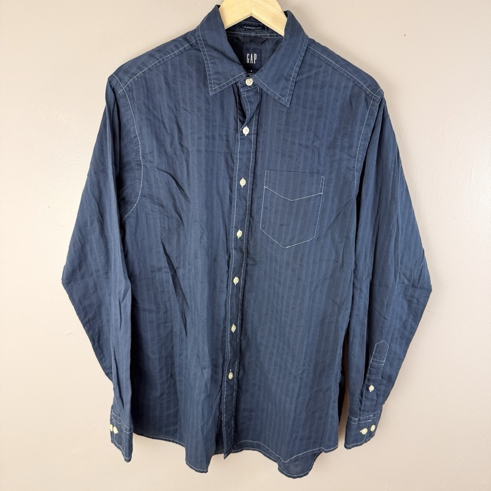 Gap Shirt Mens Medium Blue Stripe Button Up Long Sleeve Classic Fit Cotton